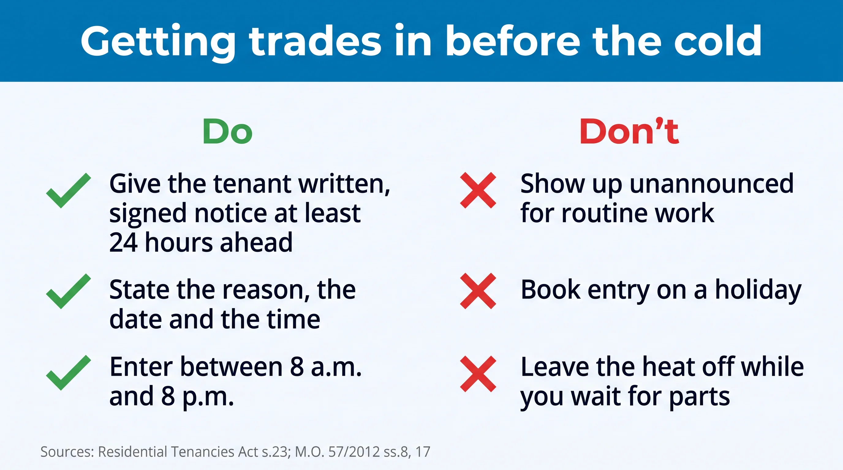 Do and don't list for getting trades in before the cold: give 24 hours' written signed notice, state reason, date and time, enter 8 a.m. to 8 p.m.; don't arrive unannounced, book a holiday, or leave the heat off