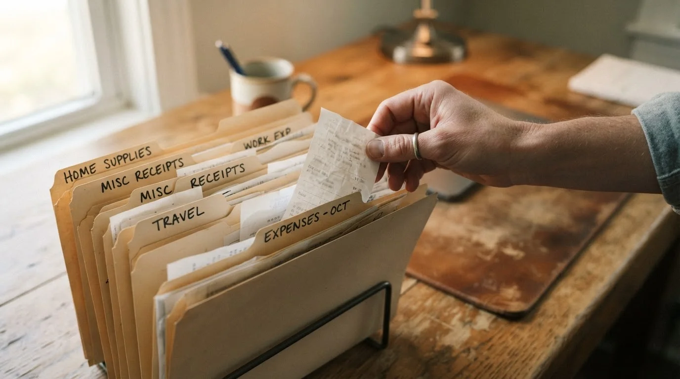 A candid documentary-style photo — no text, no logo. Shot on a Canon EOS R6 35mm f/1.8: a hand placing receipts into labelled file folders on a desk, warm natural light. Framed on hands and folders only — no face, no readable numbers or personal data. Authentic textures, subtle grain, shallow depth of field, true-to-life muted colour, non-white background. 16:9.
